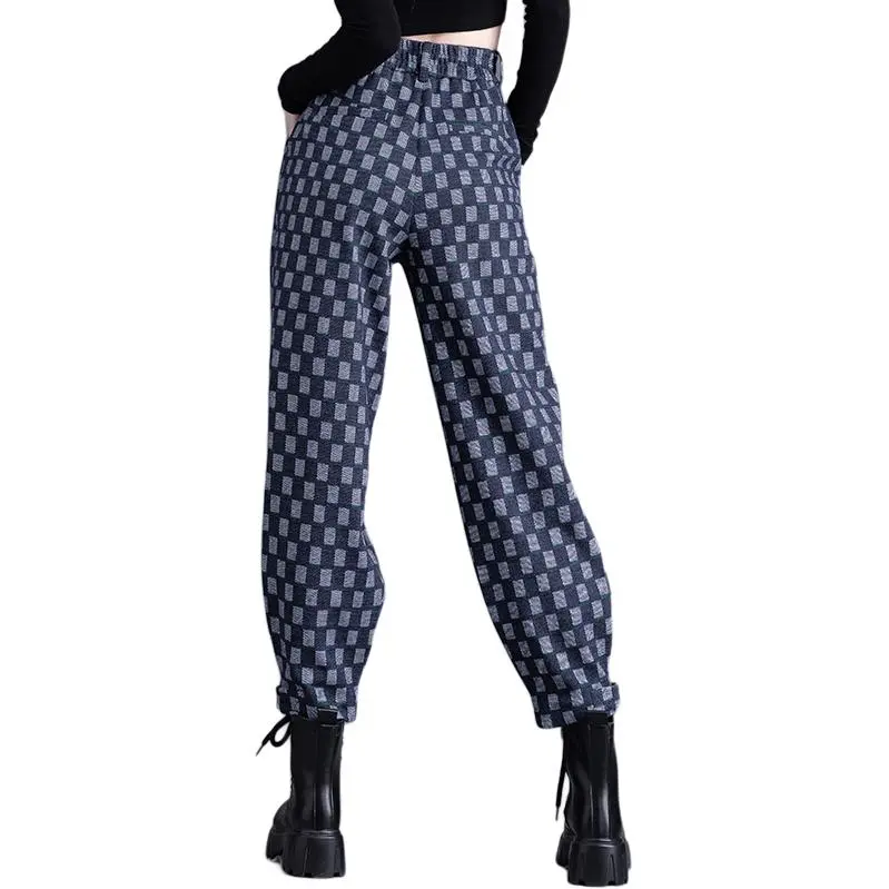 You Cow Me Pants Casual Pants Women's Blue Checkerboard-8