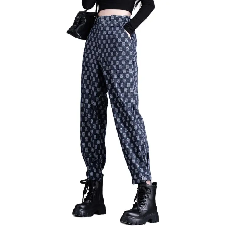 You Cow Me Pants Casual Pants Women's Blue Checkerboard-2