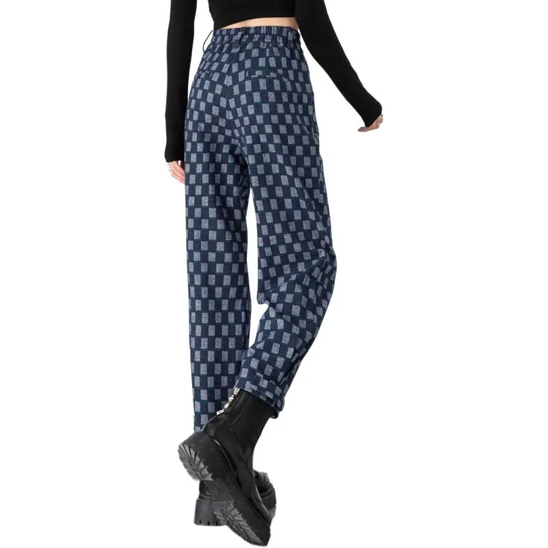 You Cow Me Pants Casual Pants Women's Blue Checkerboard-11