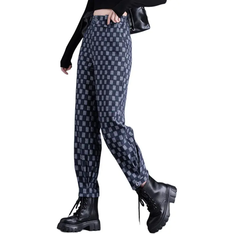 You Cow Me Pants Casual Pants Women's Blue Checkerboard-1