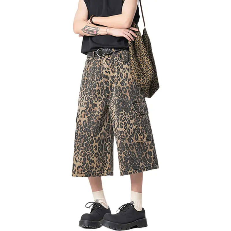 FONDLOOK Denim Shorts Unisex Leopard Print-1