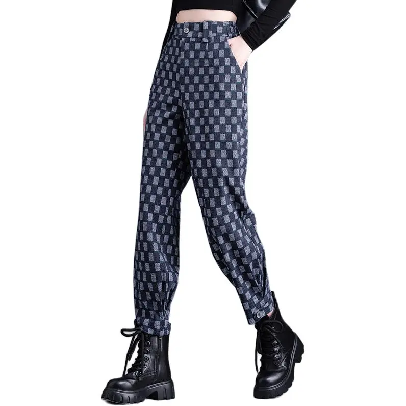 You Cow Me Pants Casual Pants Women's Blue Checkerboard-3