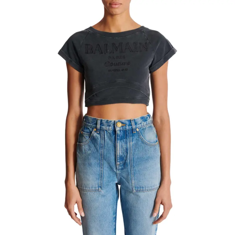 BALMAIN Logo Embroidered Cropped T Shirt-1
