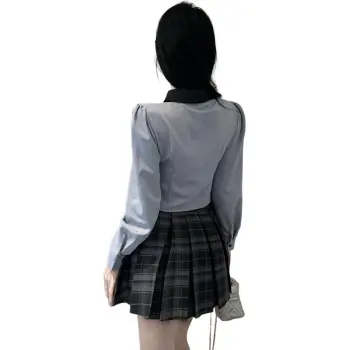 DGMZ Uniforms Women's Blue Shirt Tie Plaid Skirt Clothing Set