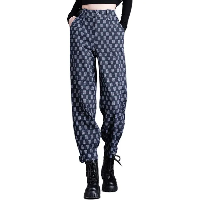 You Cow Me Pants Casual Pants Women's Blue Checkerboard-4
