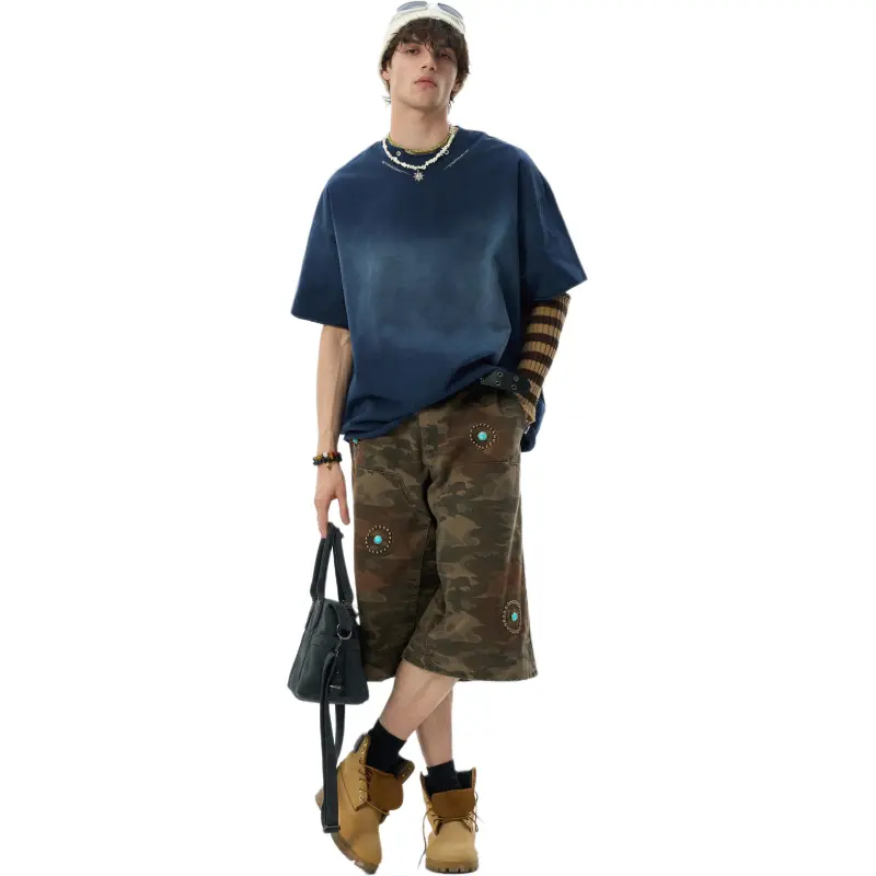 JHYQ T Shirts Unisex Spray Dye Navy Blue-4