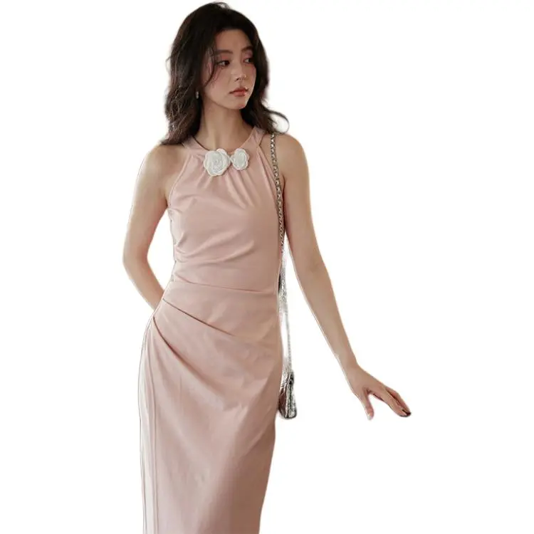 TOUCH MISS Sleeveless Dress Women's Dusty Pink With Floral Brooch-2
