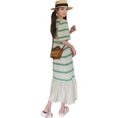 TEME Short Sleeved Dress Women's Green Stripes