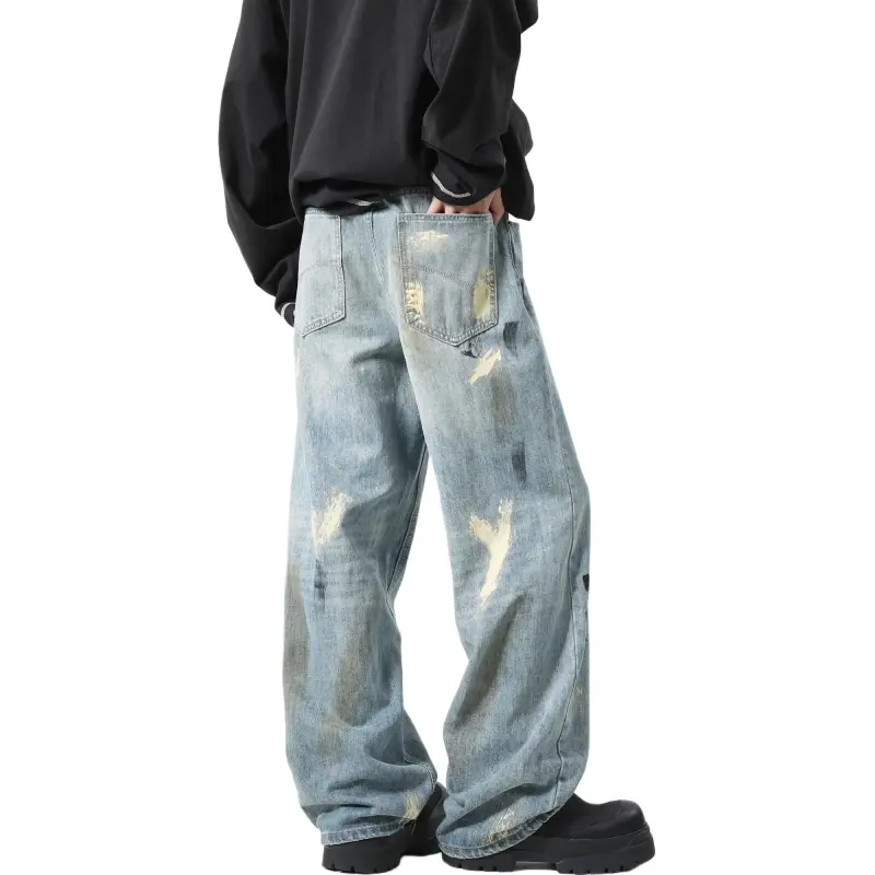 HOKLV Jeans Unisex Ink Splatter Blue-1