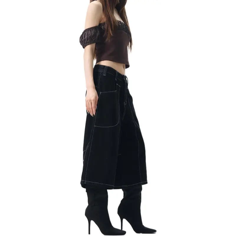 WLNEXT Loose Fit Capri Pants Jeans Unisex Black-2