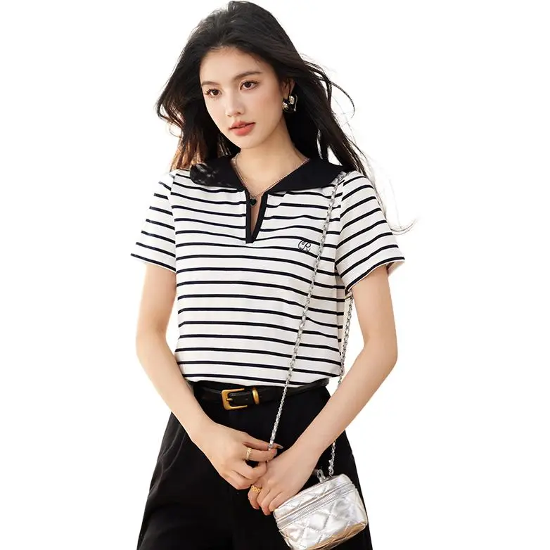 La Chapelle T Shirt Women's Black White Stripes-1