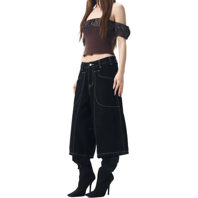WLNEXT Loose Fit Capri Pants Jeans Unisex Black-1