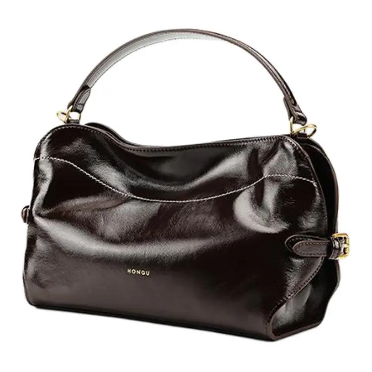 HONGU Cow Leather Handbags Shoulder Bag Crossbody Bag Medium Size Women's Dark Coffee/Ecru-1