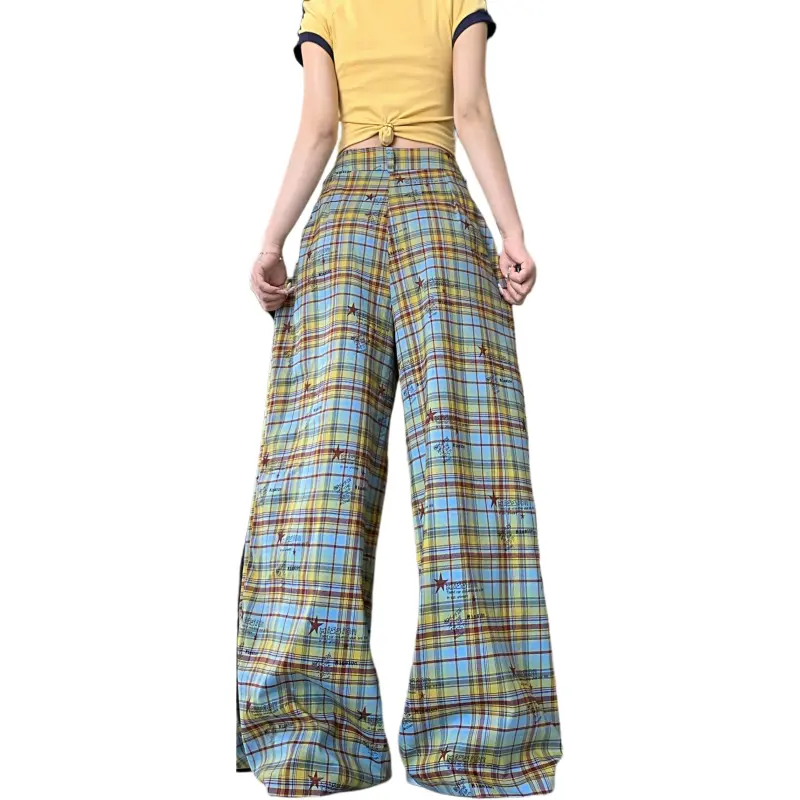 GOSO Casual Pants Women's Yellow Blue Plaid-1