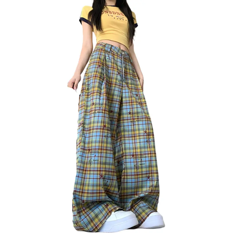 GOSO Casual Pants Women's Yellow Blue Plaid-3