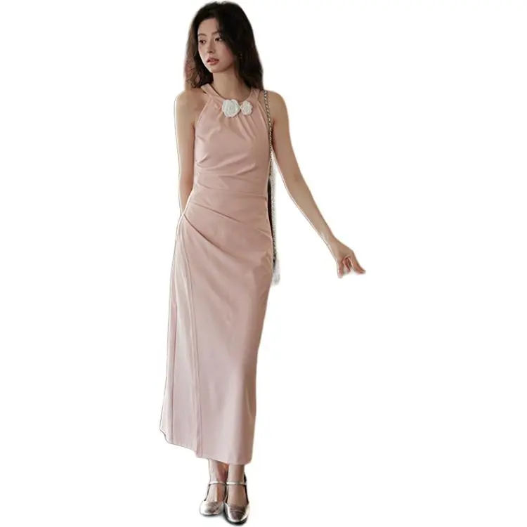 TOUCH MISS Sleeveless Dress Women's Dusty Pink With Floral Brooch-1