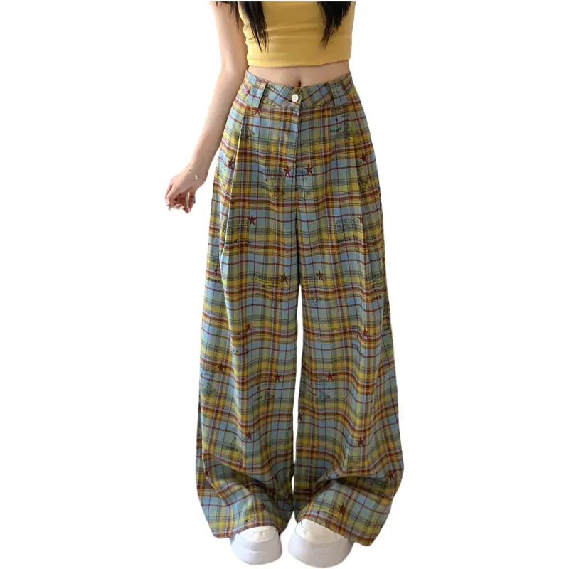 GOSO Casual Pants Women's Yellow Blue Plaid-4