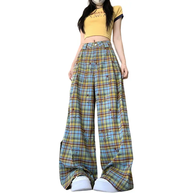 GOSO Casual Pants Women's Yellow Blue Plaid-2