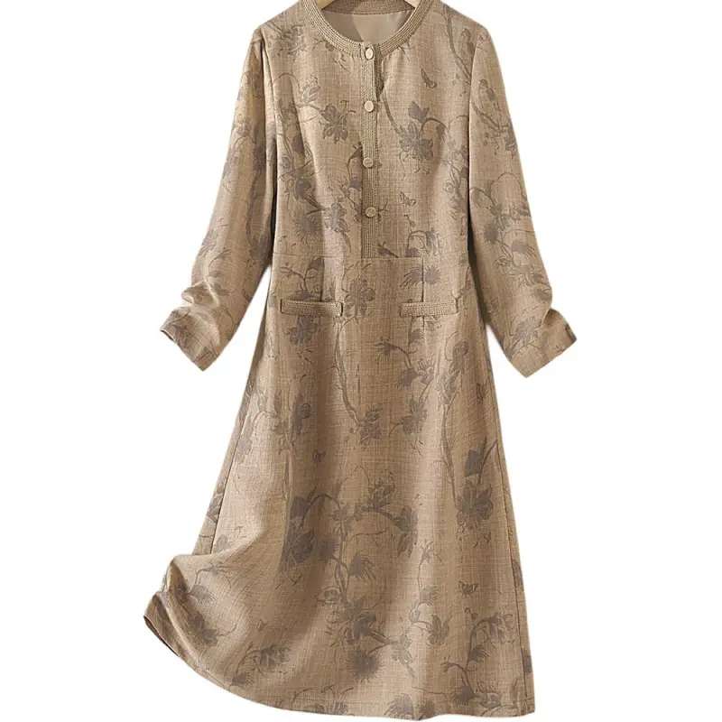 IHIMI Long Sleeved Dresses Women's Khaki Apricot-1