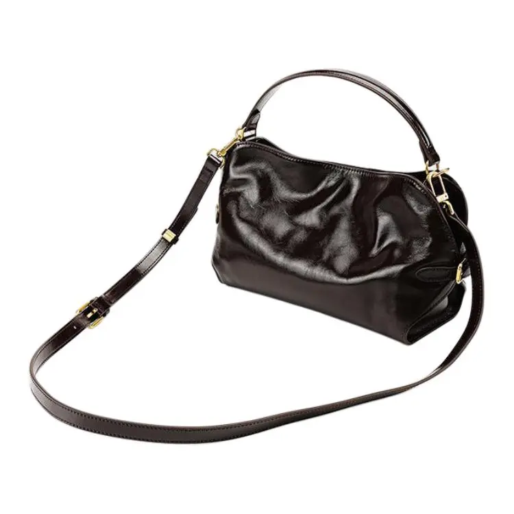 HONGU Cow Leather Handbags Shoulder Bag Crossbody Bag Medium Size Women's Dark Coffee/Ecru-2