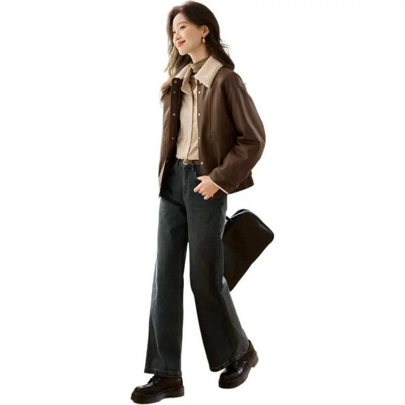 Mo Han Yi Mei Leather Jacket Women's Coffee-4