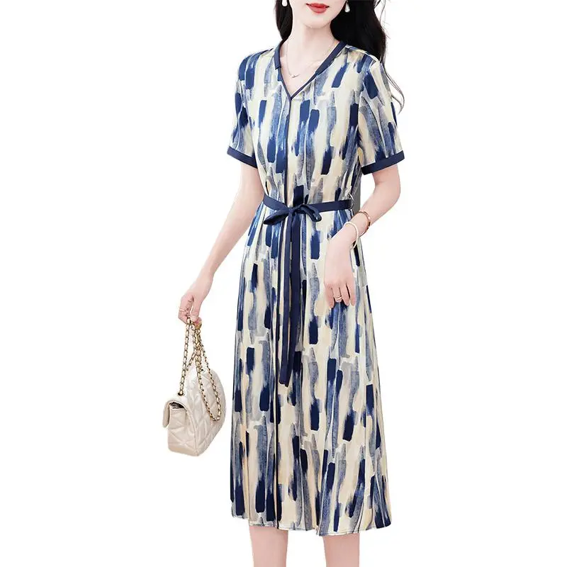 Yi Mengyuan Silk Short Sleeved Dress Women's Blue Rhythm-1