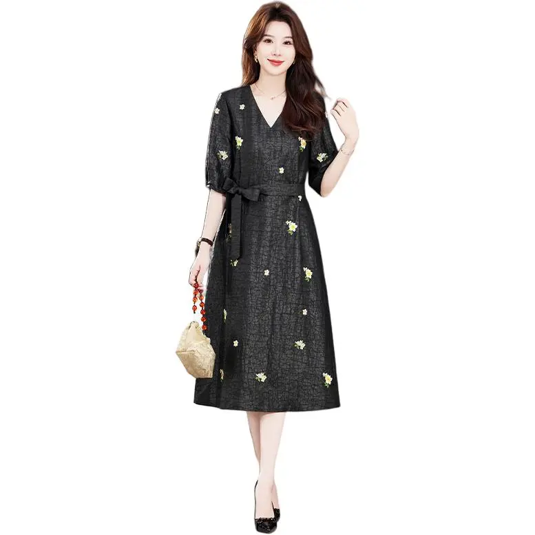 Yi Mengyuan Silk Short Sleeved Dress Women's Black-2