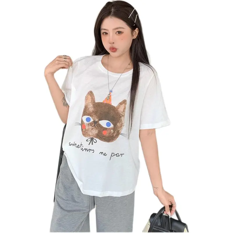 Mu Xiao Xin T Shirt Women's Solid Color Big Head Brown Kitten T Shirt-2