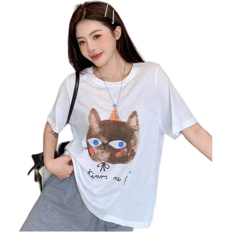 Mu Xiao Xin T Shirt Women's Solid Color Big Head Brown Kitten T Shirt-3