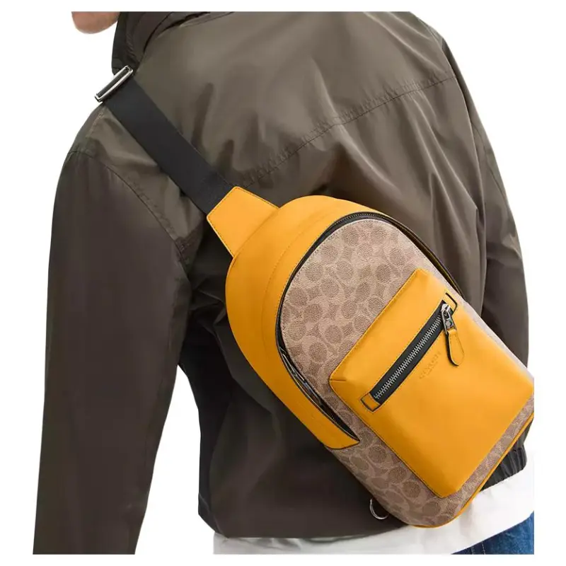 COACH West Coated Canvas Sling Bag Trumpets Men's Tan & Yellow-3