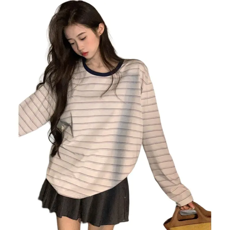 Mu Xiao Xin T Shirt Women's White Gray Stripes-3