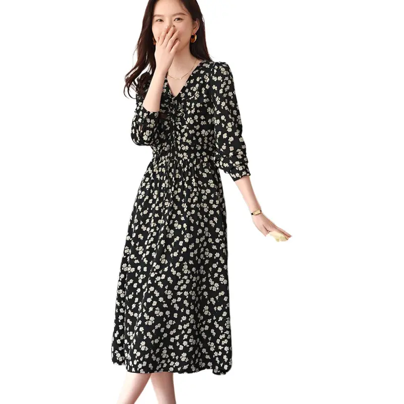 XWI Long Sleeved Dress Women's Black With Beige Floral-1