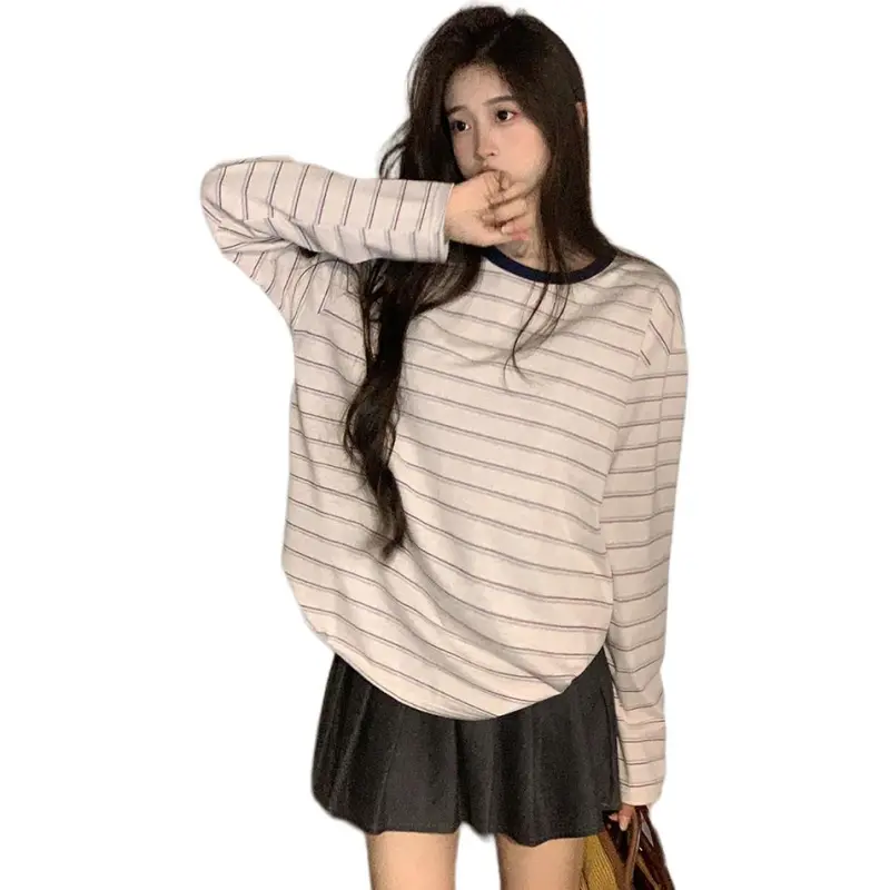 Mu Xiao Xin T Shirt Women's White Gray Stripes-2