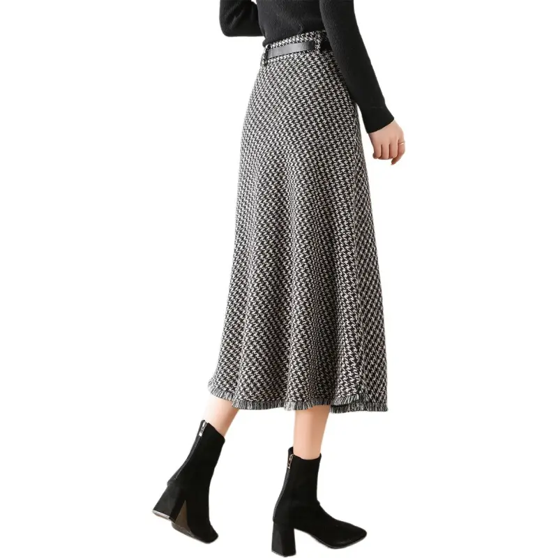 XWI Casual Long Skirts Women's Black Coffee Plaid-1