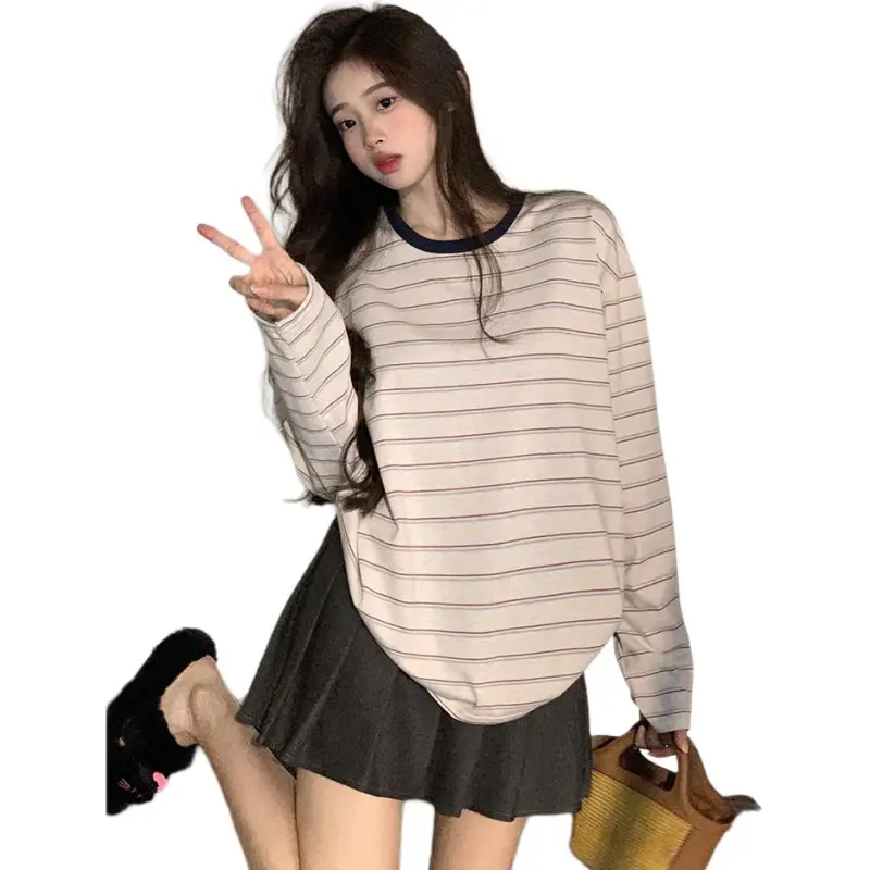 Mu Xiao Xin T Shirt Women's White Gray Stripes-1