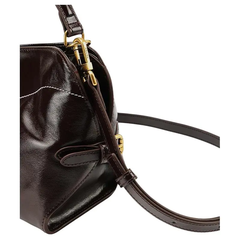 HONGU Cow Leather Handbags Shoulder Bag Crossbody Bag Medium Size Women's Dark Coffee/Ecru-3