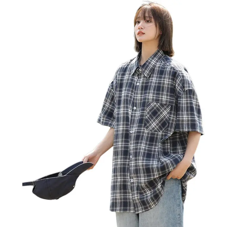 Ordifen Shirts Women's Navy Blue Plaid-1