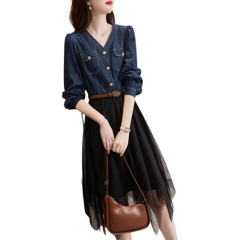 XWI Long Sleeved Dress Women's Denim Blue-1