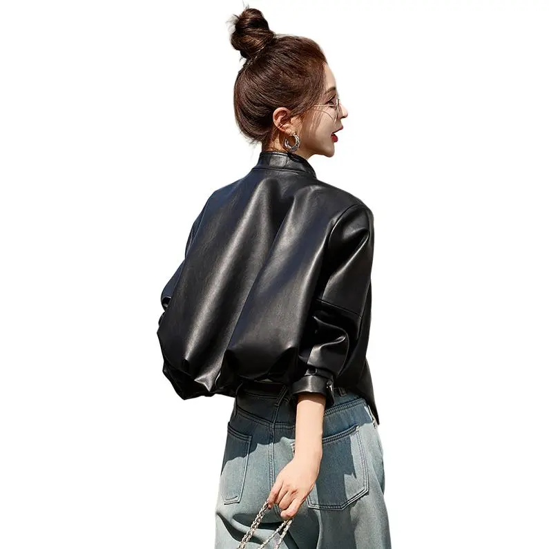 Yi Mengyuan Leather Jackets Coats Women's Black-1