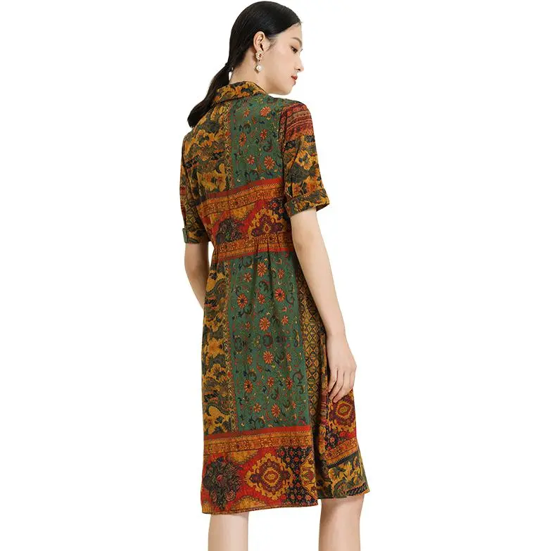 QIAOWANNI Short Sleeved Dress Women's Patchwork Oil Painting Flower-1