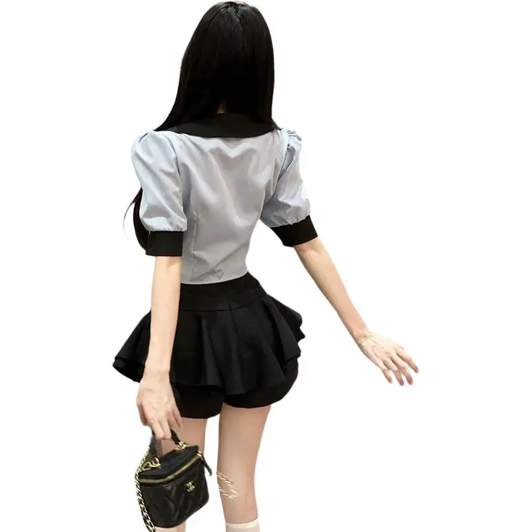DGMZ Uniforms Women's Blue Top+Black Skirt Tie Clothing Sets-1