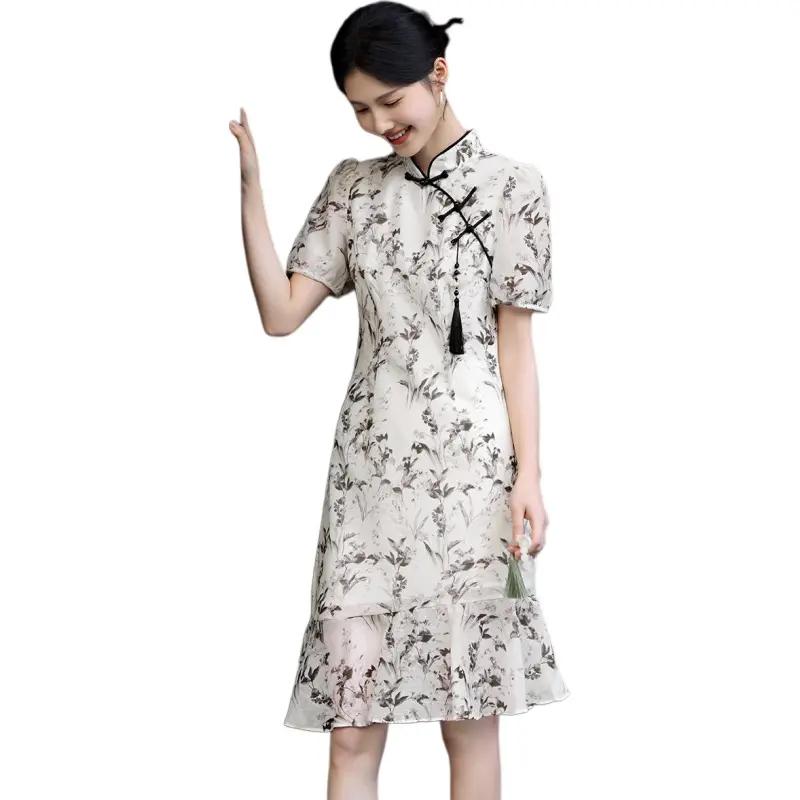 XWI Short Sleeved Dress Women's Beige With Black Floral-3