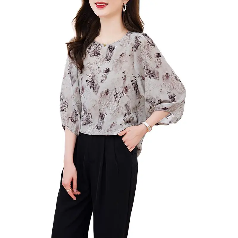 Yi Mengyuan 3/4 Sleeved Silk Shirt Women's Image Color-1