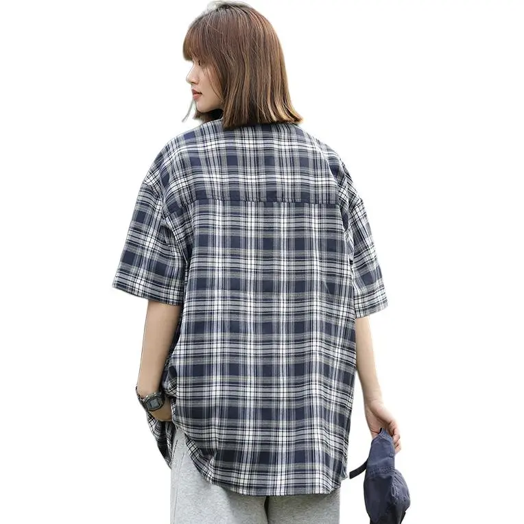 Ordifen Shirts Women's Dark Blue Plaid-1