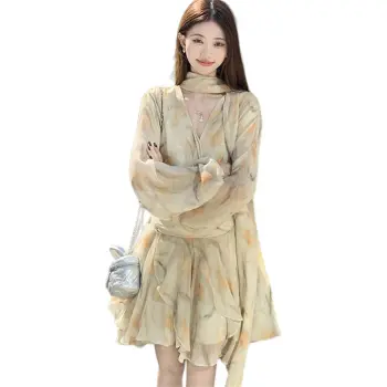 Si Bei'er Long Sleeved Dresses Women's Light Yellow Floral