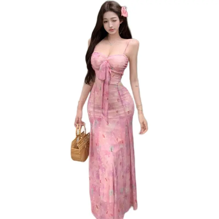 Mu Xiao Xin Slip Dresses Women's Pink Print Mesh Fabrics-2