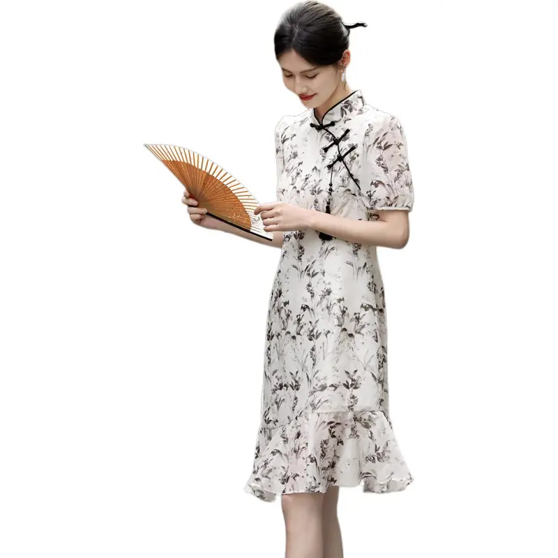XWI Short Sleeved Dress Women's Beige With Black Floral-4