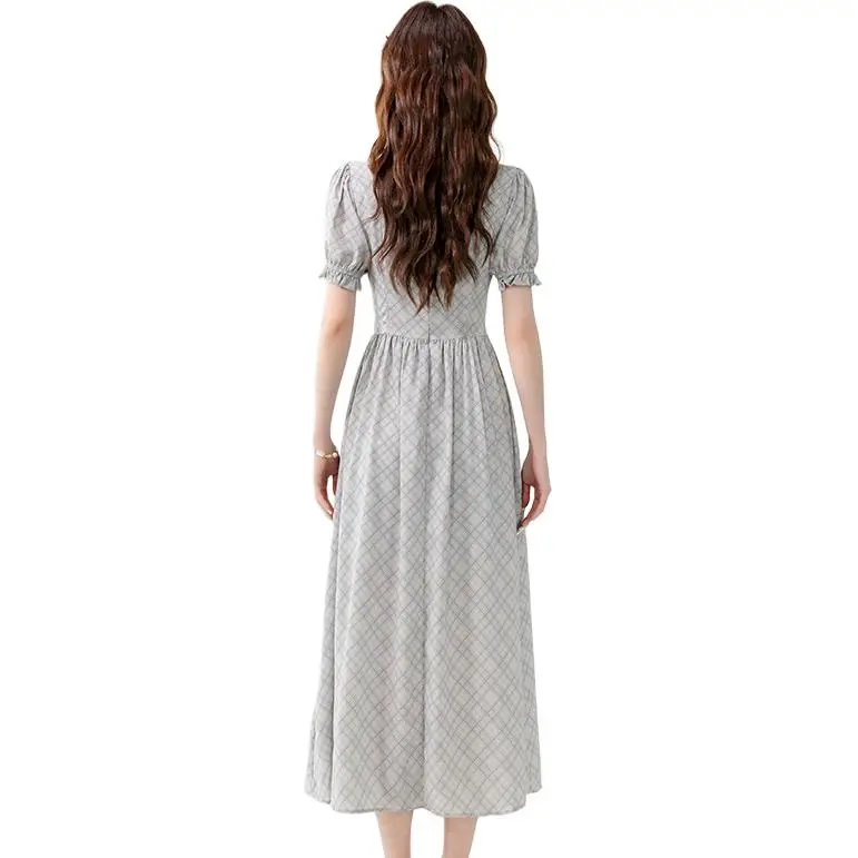 ETSE Short Sleeved Dress Women's Blue Plaid-0