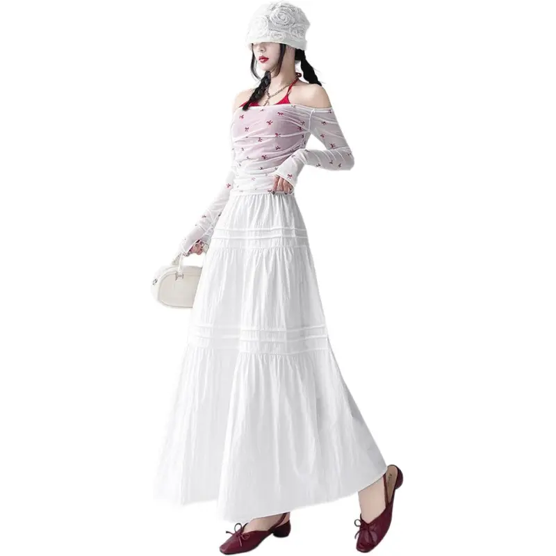 Flowers In Water Casual Long Skirt Women's White-2