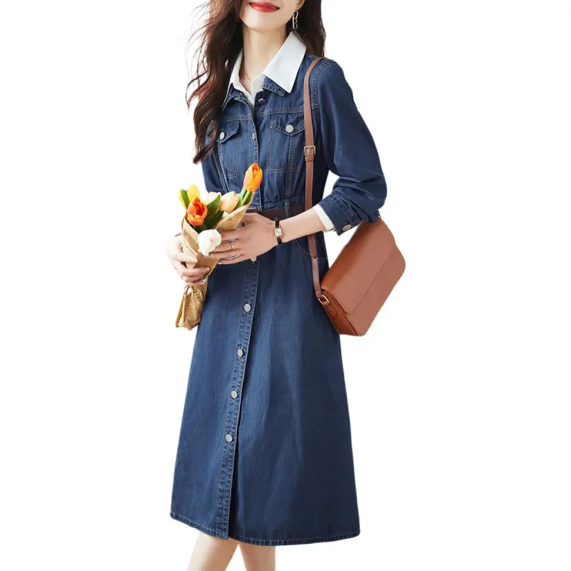 Mo Han Yi Mei Long Sleeved Dresses Women's Denim Blue-1